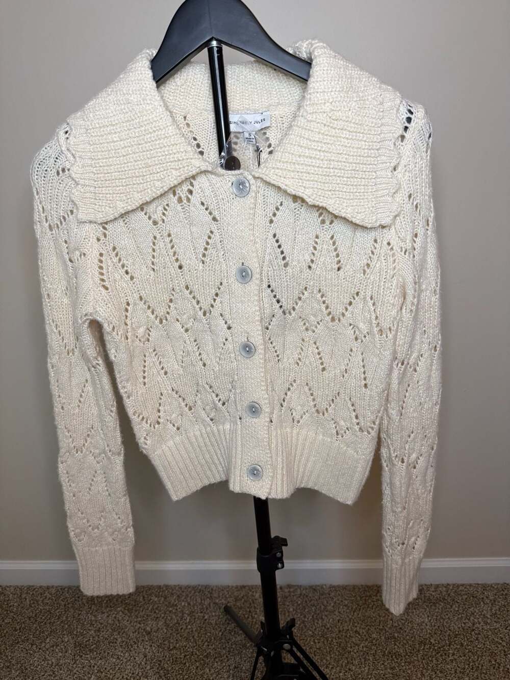 Sincerely Jules Lace Pointelle Knit Button-Up Cardigan with Oversized Collar